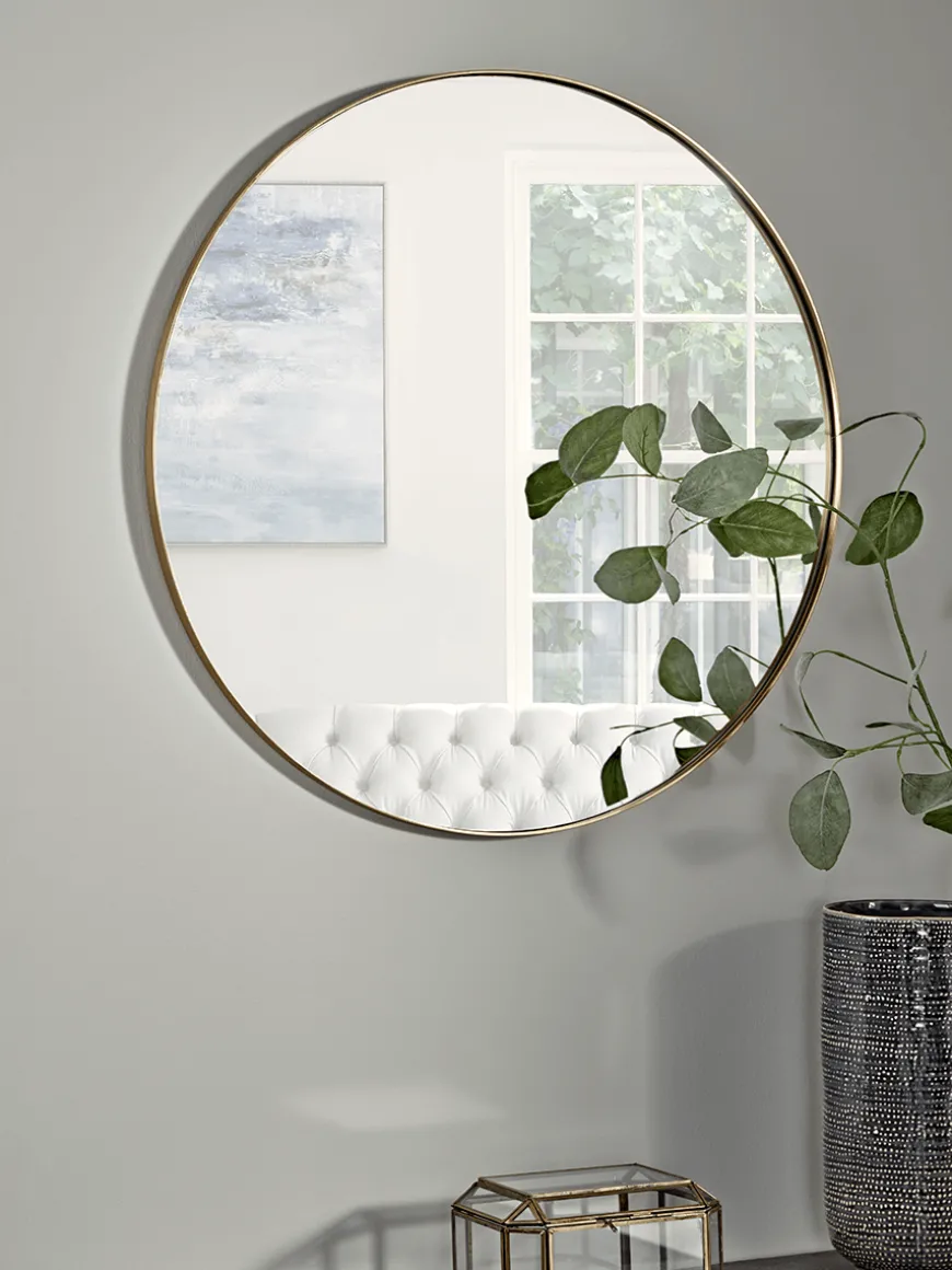 Antique Brass Slim Frame Round Mirror