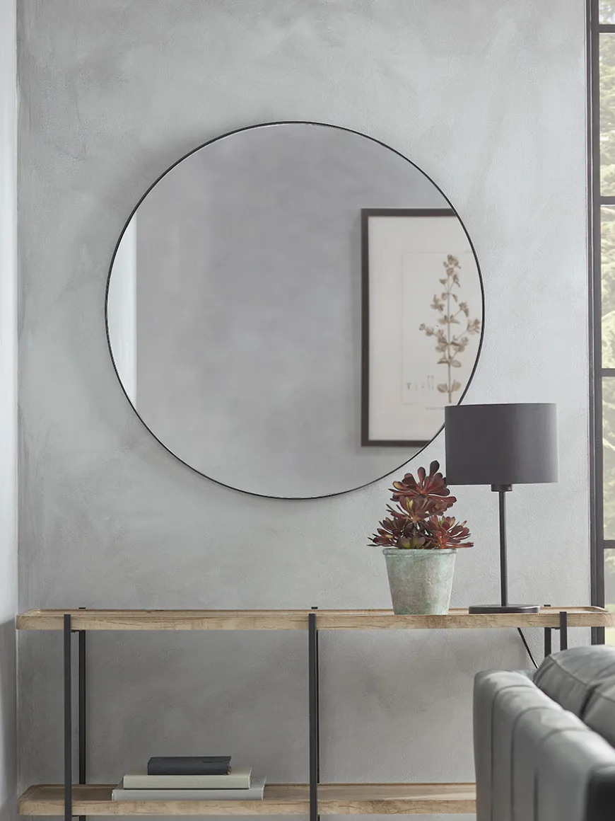 Black Slim Frame Round Mirror - Large