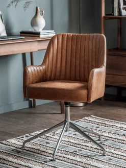 Fluted Leather Swivel Chair - Tan