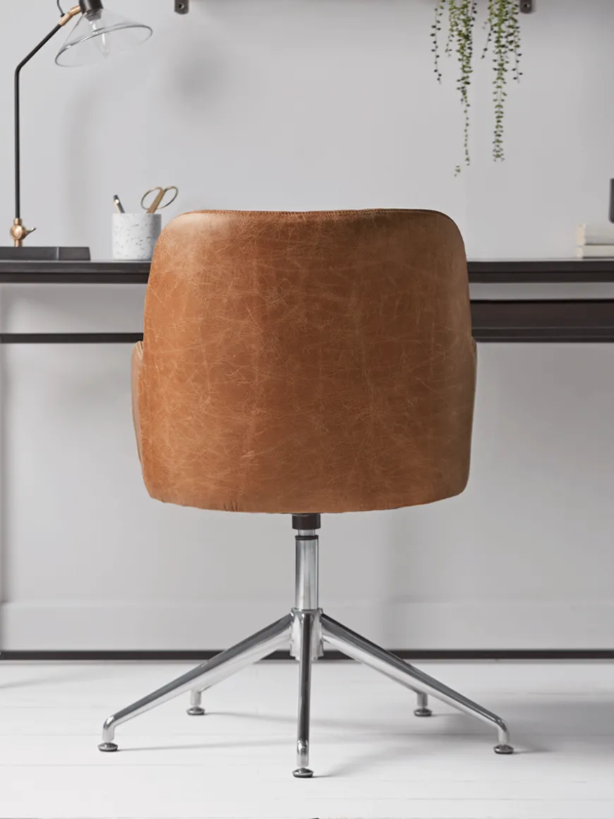 Fluted Leather Swivel Chair - Tan