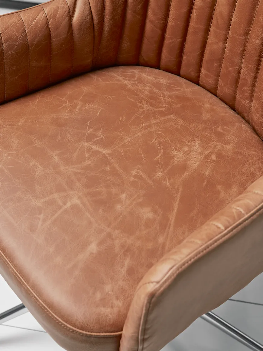 Fluted Leather Swivel Chair - Tan