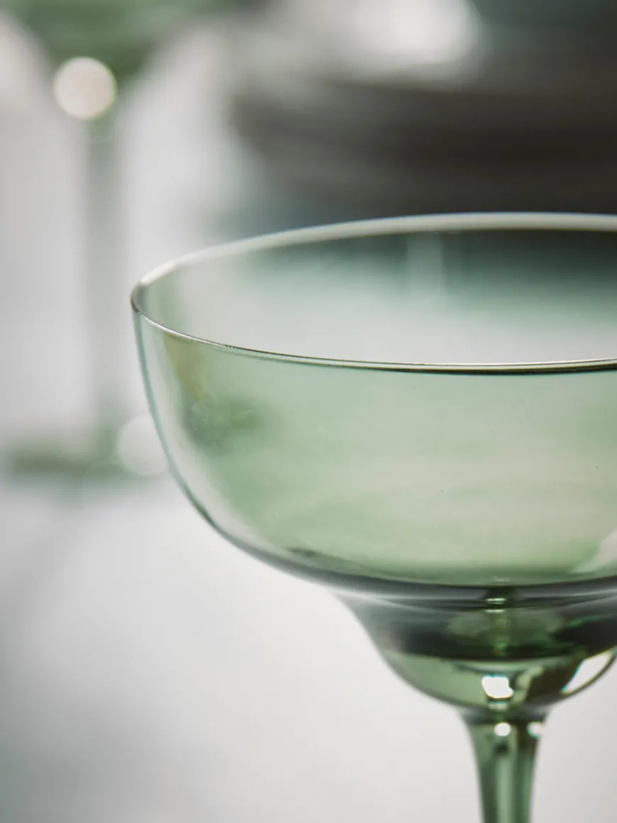 Four Olive Glass Champagne Coupes