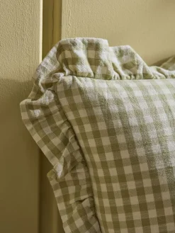 Gingham Ruffle Square Cushion - Sage