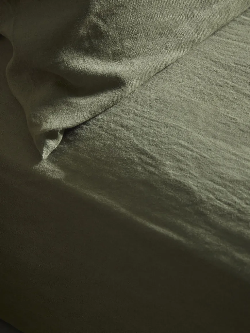 Luxury Linen King Fitted Sheet - Olive Green