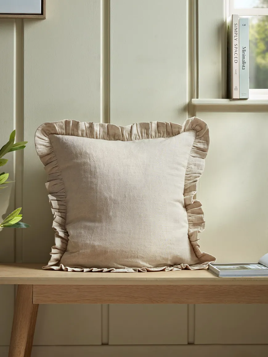 Ruffle Cotton Linen Square Cushion - Natural