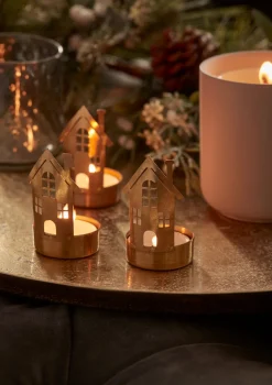 Three Brass House Tealight Holders