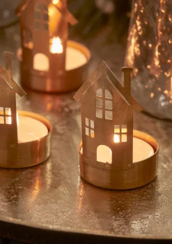 Three Brass House Tealight Holders