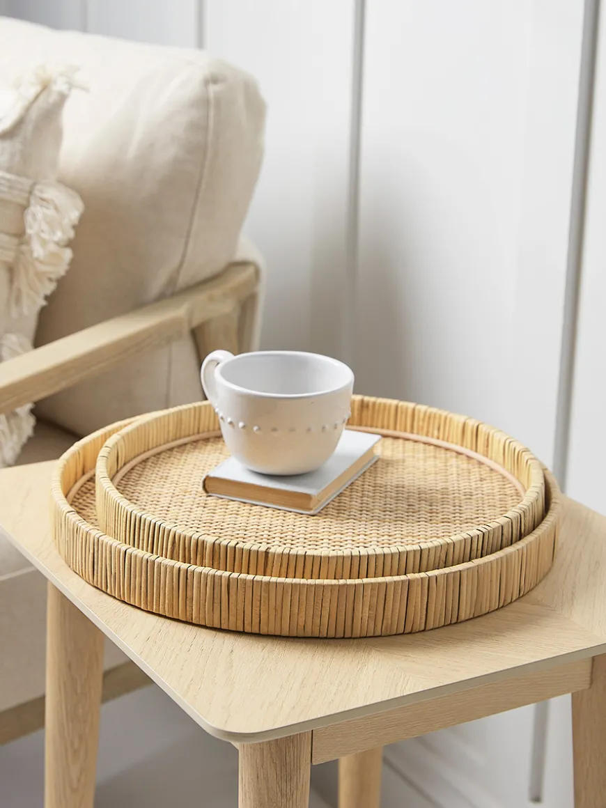 Two Round Rattan Trays