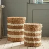 Two Woven Striped Lidded Storage Baskets