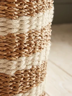 Two Woven Striped Lidded Storage Baskets